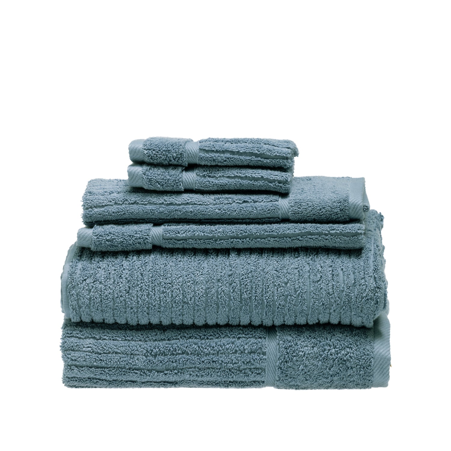 Design Plus Ivy Super Plush 650gsm Towel Pack in denim, featuring two bath towels, two hand towels and two face cloths neatly stacked.