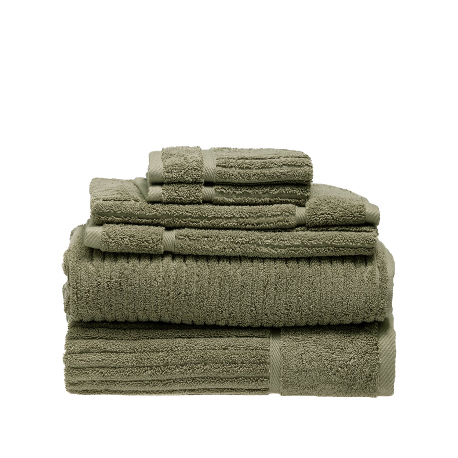 Design Plus Ivy Super Plush 650gsm Towel Pack in khaki, featuring two bath towels, two hand towels and two face cloths neatly stacked.