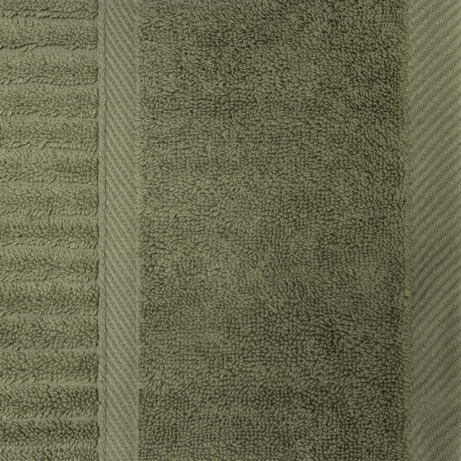Close-up of the khaki Design Plus Ivy towel showing the plush cotton texture, ribbed detailing and woven border.