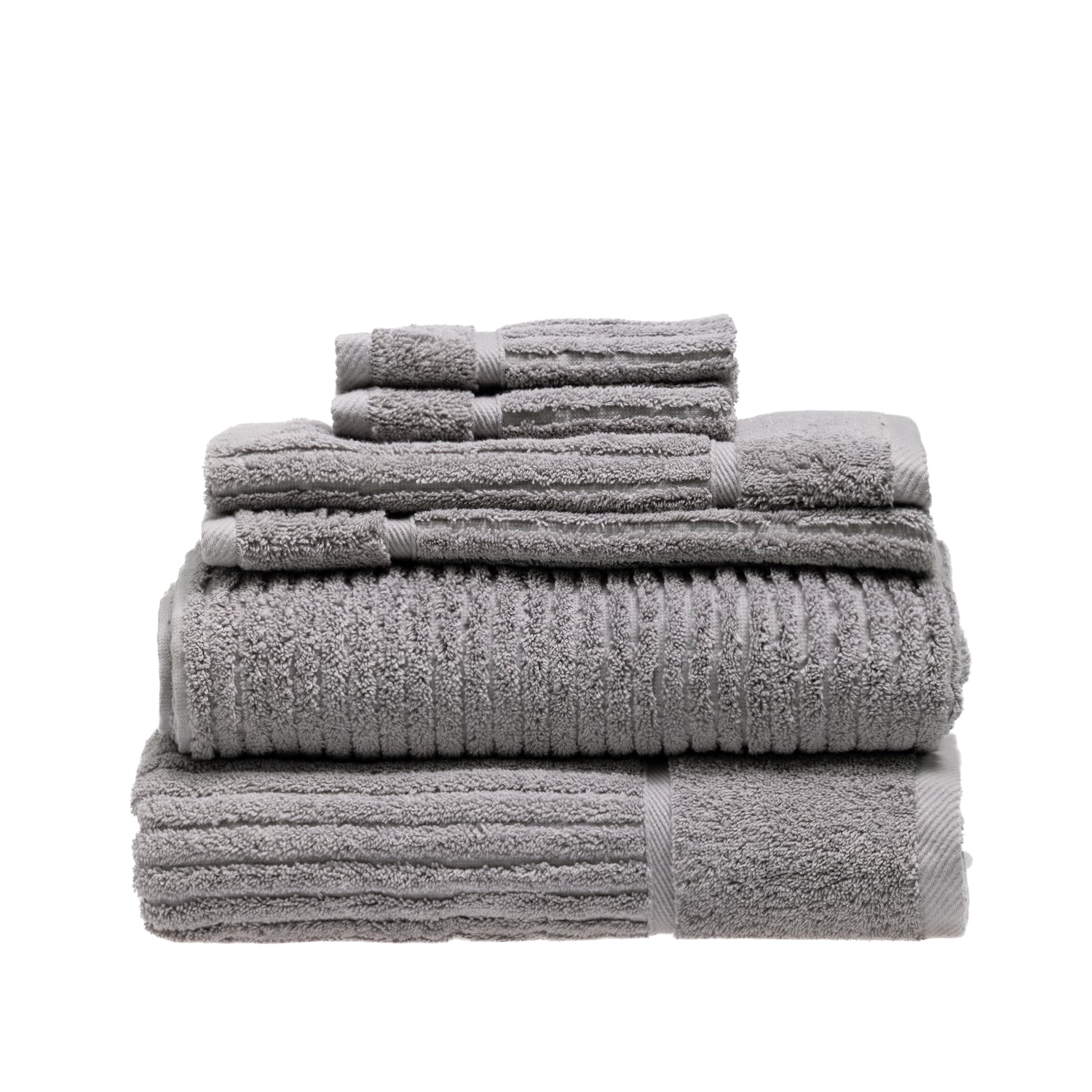Design Plus Ivy Super Plush 650gsm Towel Pack in silver, featuring two bath towels, two hand towels and two face cloths neatly stacked.