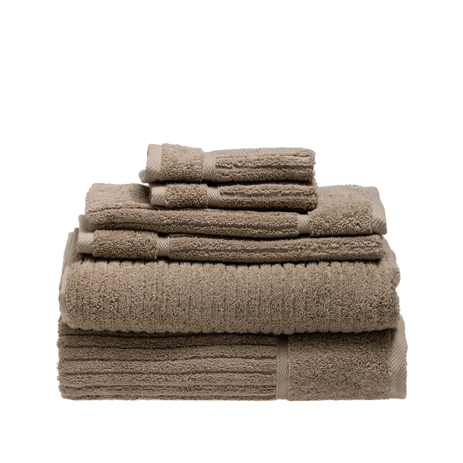 Design Plus Ivy Super Plush 650gsm Towel Pack in taupe, featuring two bath towels, two hand towels and two face cloths neatly stacked.