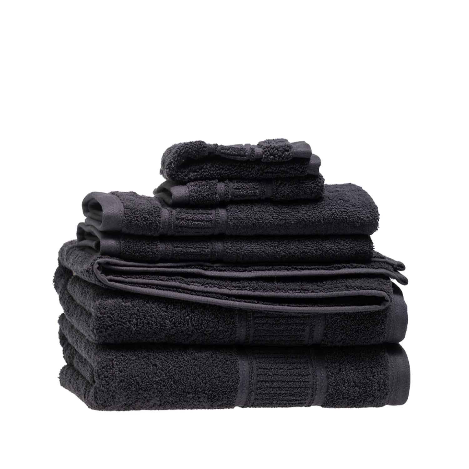 Design Plus Tia Plush 600gsm Towel Pack in charcoal, with coordinating bath towels, hand towels and face cloths neatly stacked.