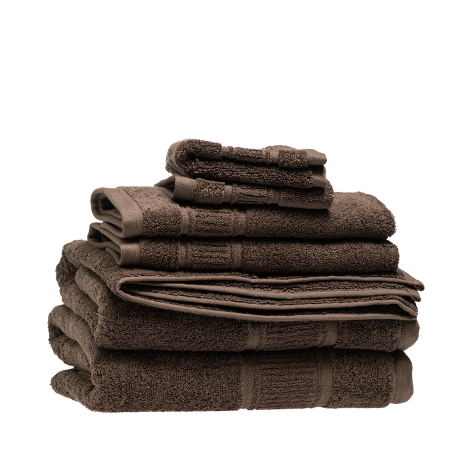Design Plus Tia Plush 600gsm Towel Pack in chocolate, with coordinating bath towels, hand towels and face cloths neatly stacked.