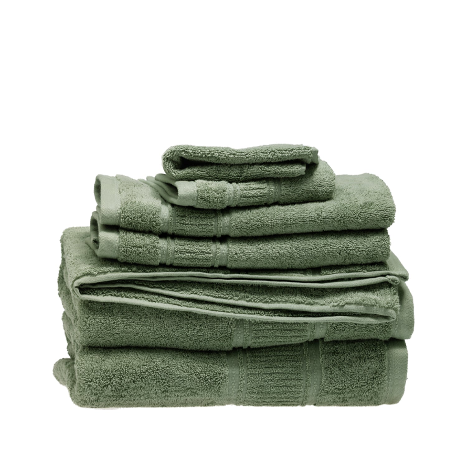 Design Plus Tia Plush 600gsm Towel Pack in sea mist, with coordinating bath towels, hand towels and face cloths neatly stacked.