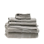 Design Plus Tia Plush 600gsm Towel Pack in silver, with coordinating bath towels, hand towels and face cloths neatly stacked.