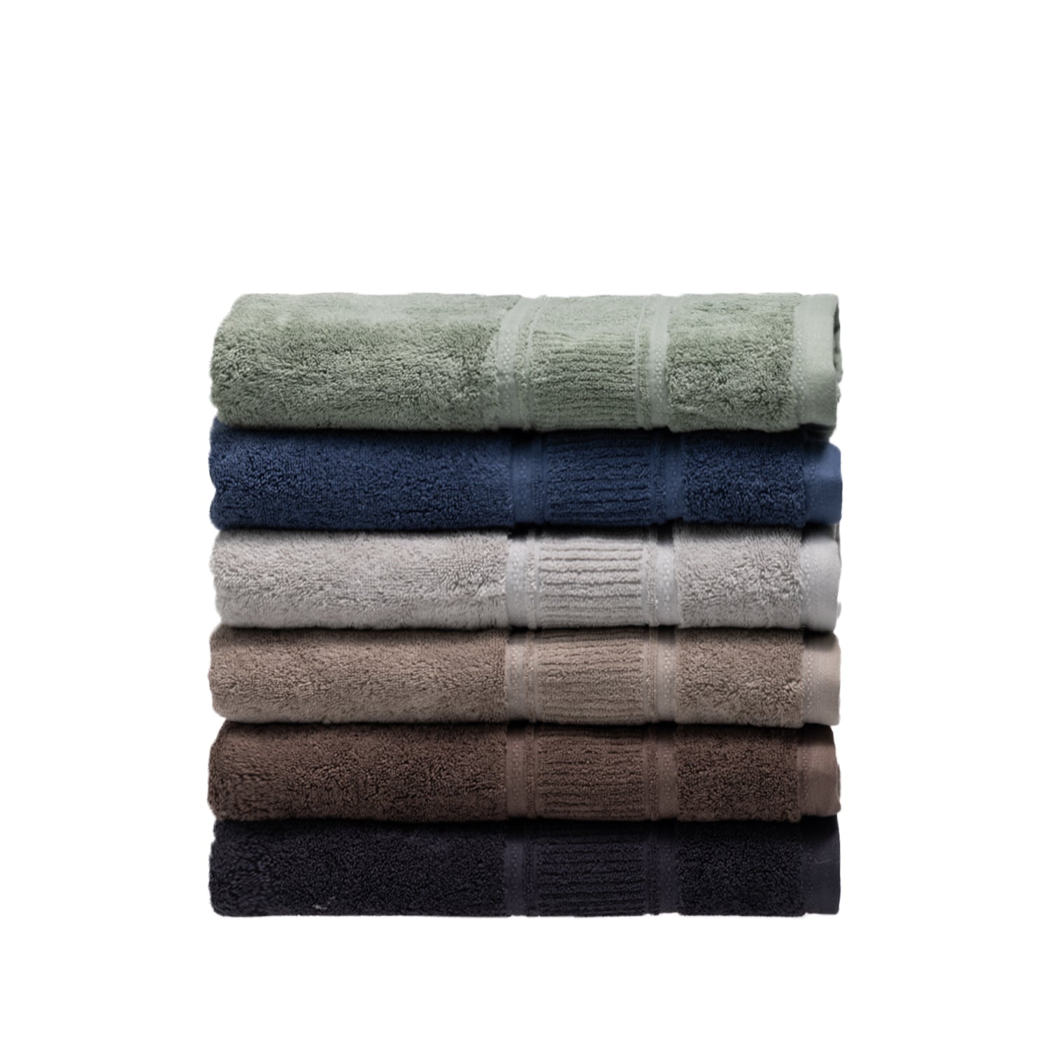 Design Plus Tia Plush 600gsm Towel Pack colour range, showing coordinating towels stacked in six shades.