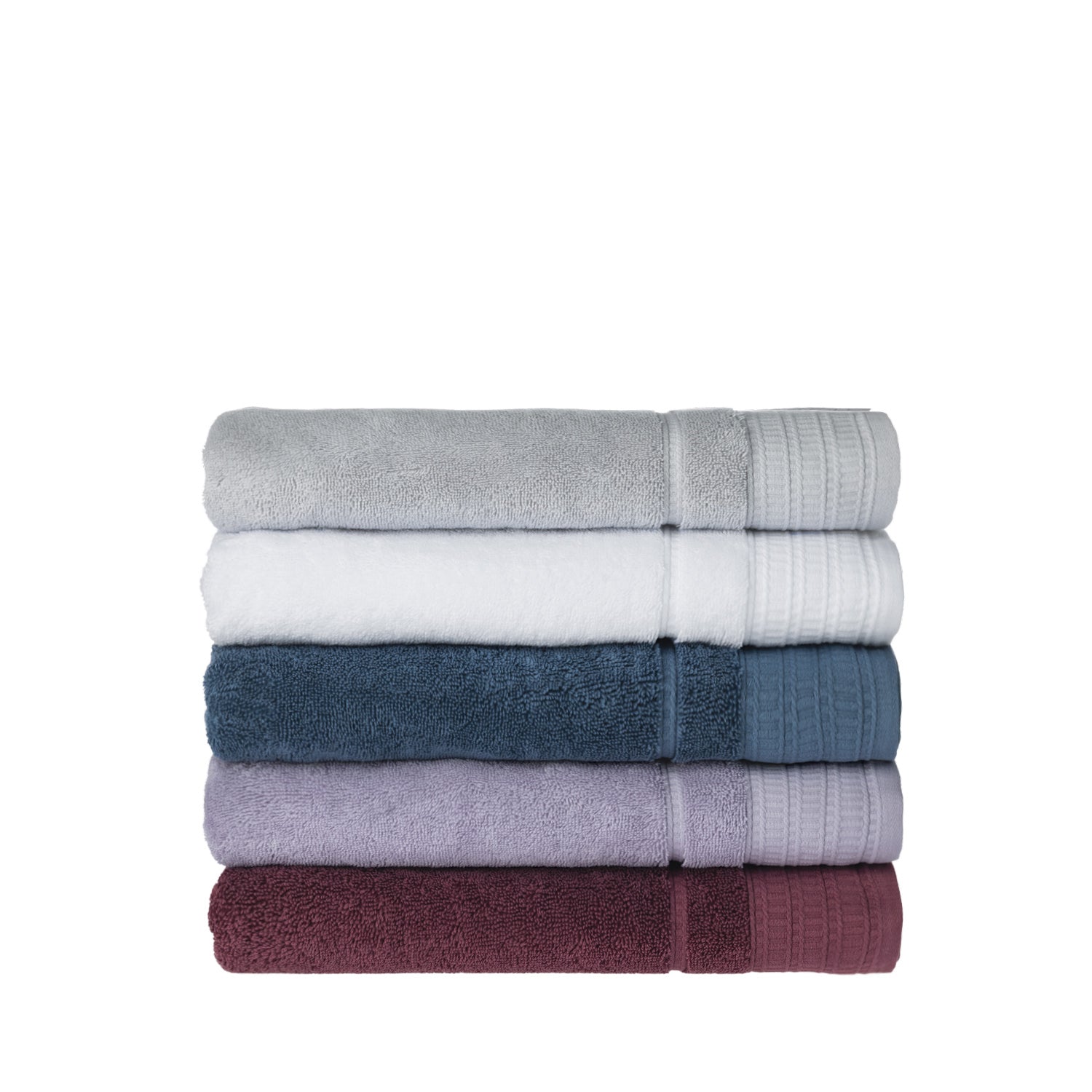 Stack of folded Design Republique Elani bath towels in Silver, White, Ocean, Lavender and Mulberry, displayed on a white background.