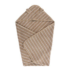 Natural striped baby hooded towel unfolded with bear ears on the hood.
