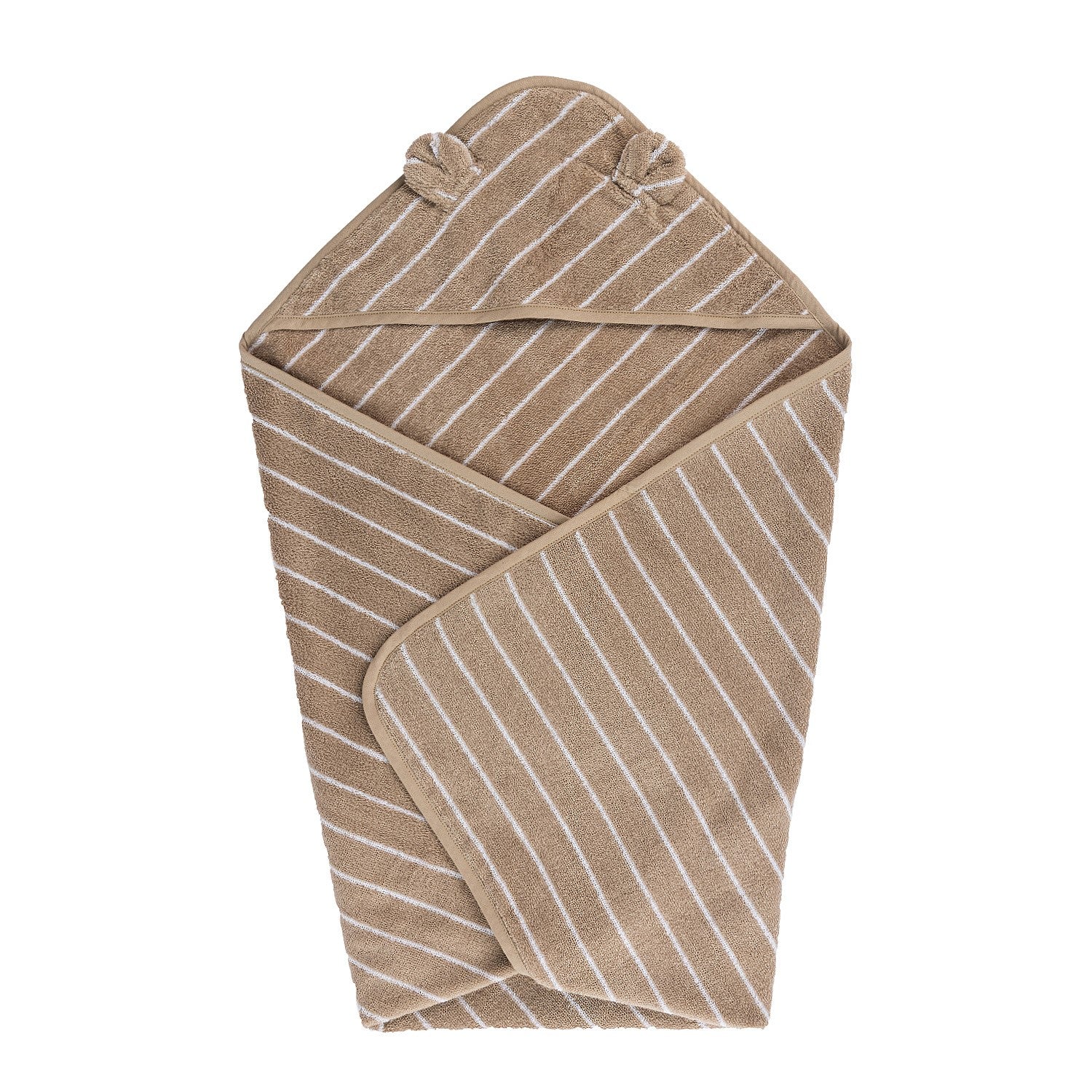 Natural striped baby hooded towel unfolded with bear ears on the hood.