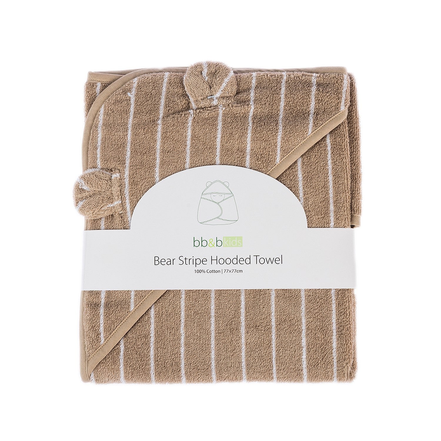 Natural striped baby hooded towel folded in packaging with white label.