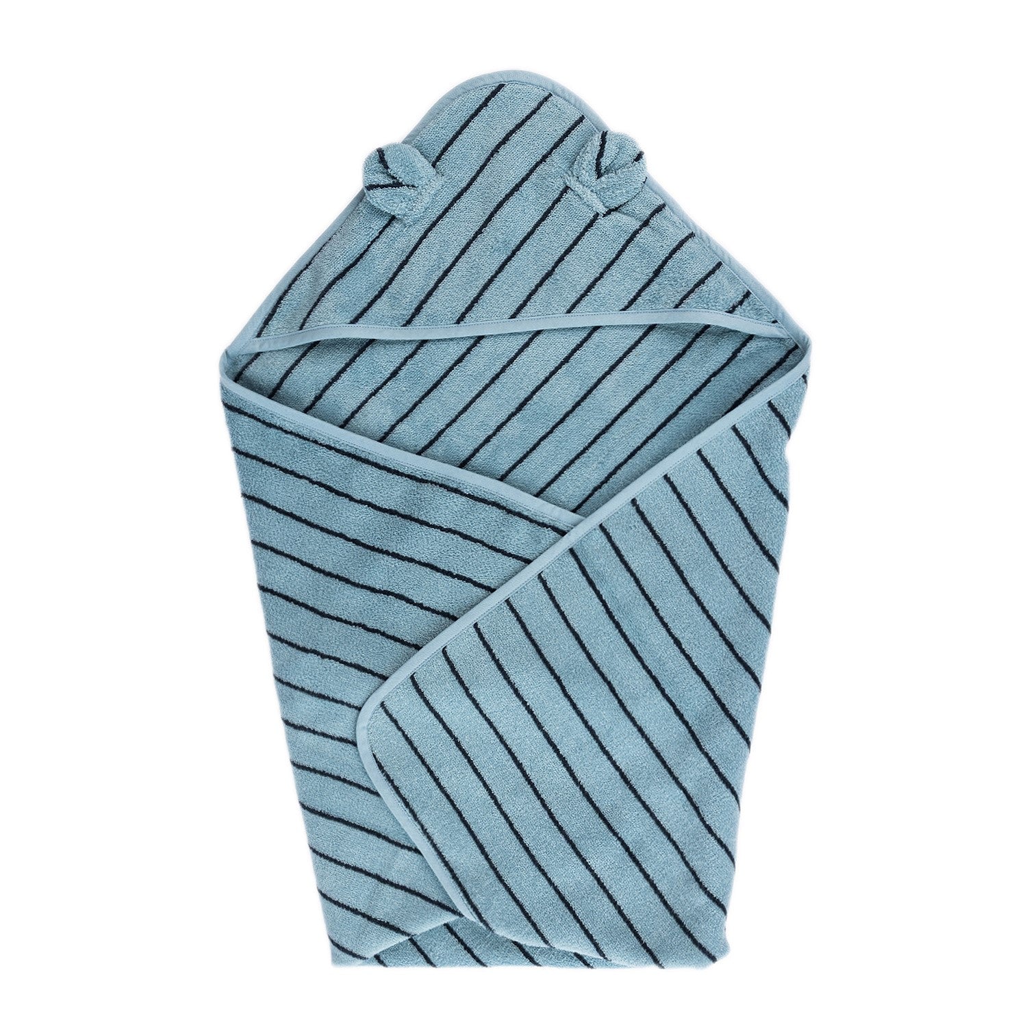 Blue striped baby hooded towel unfolded with bear ears on the hood.