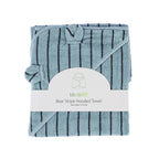 Blue striped baby hooded towel folded in packaging with white label.