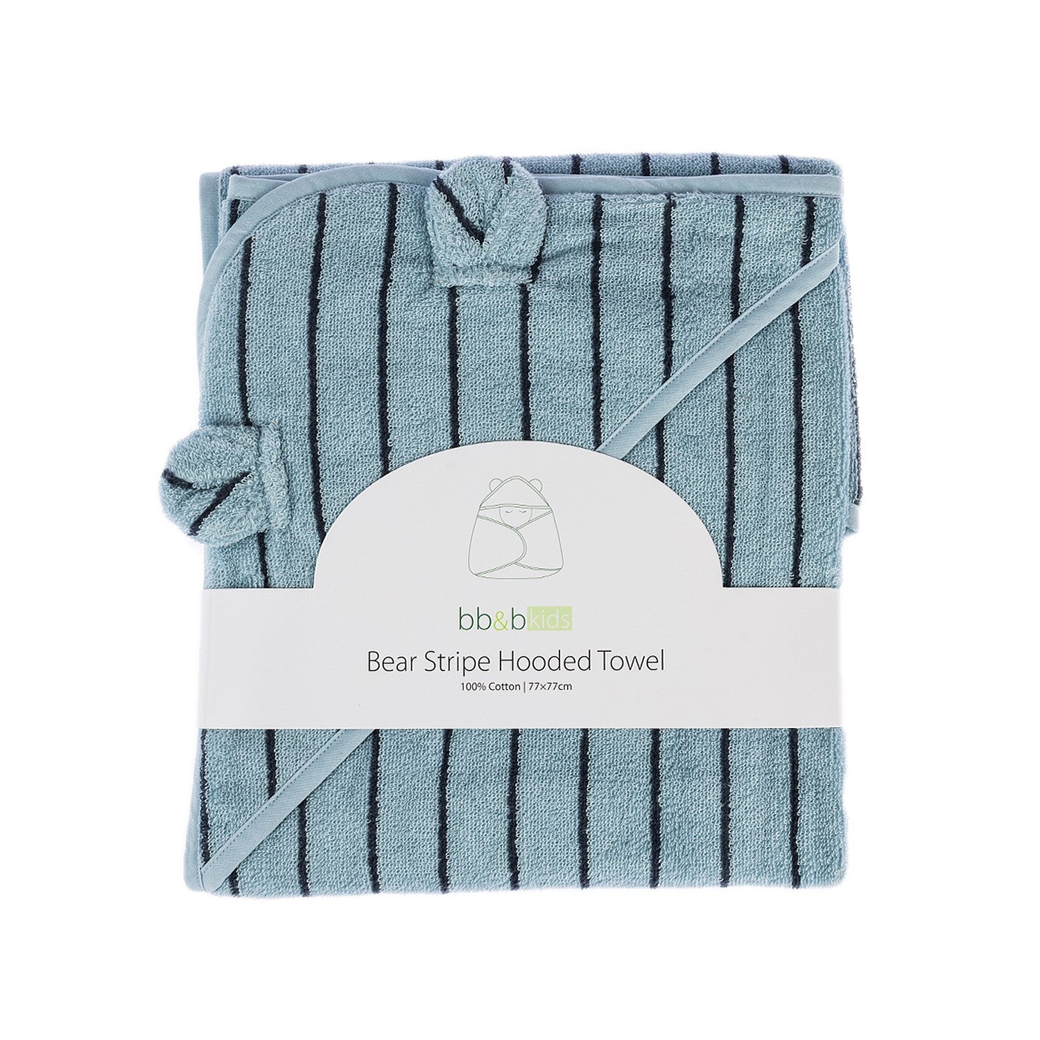 Blue striped baby hooded towel folded in packaging with white label.