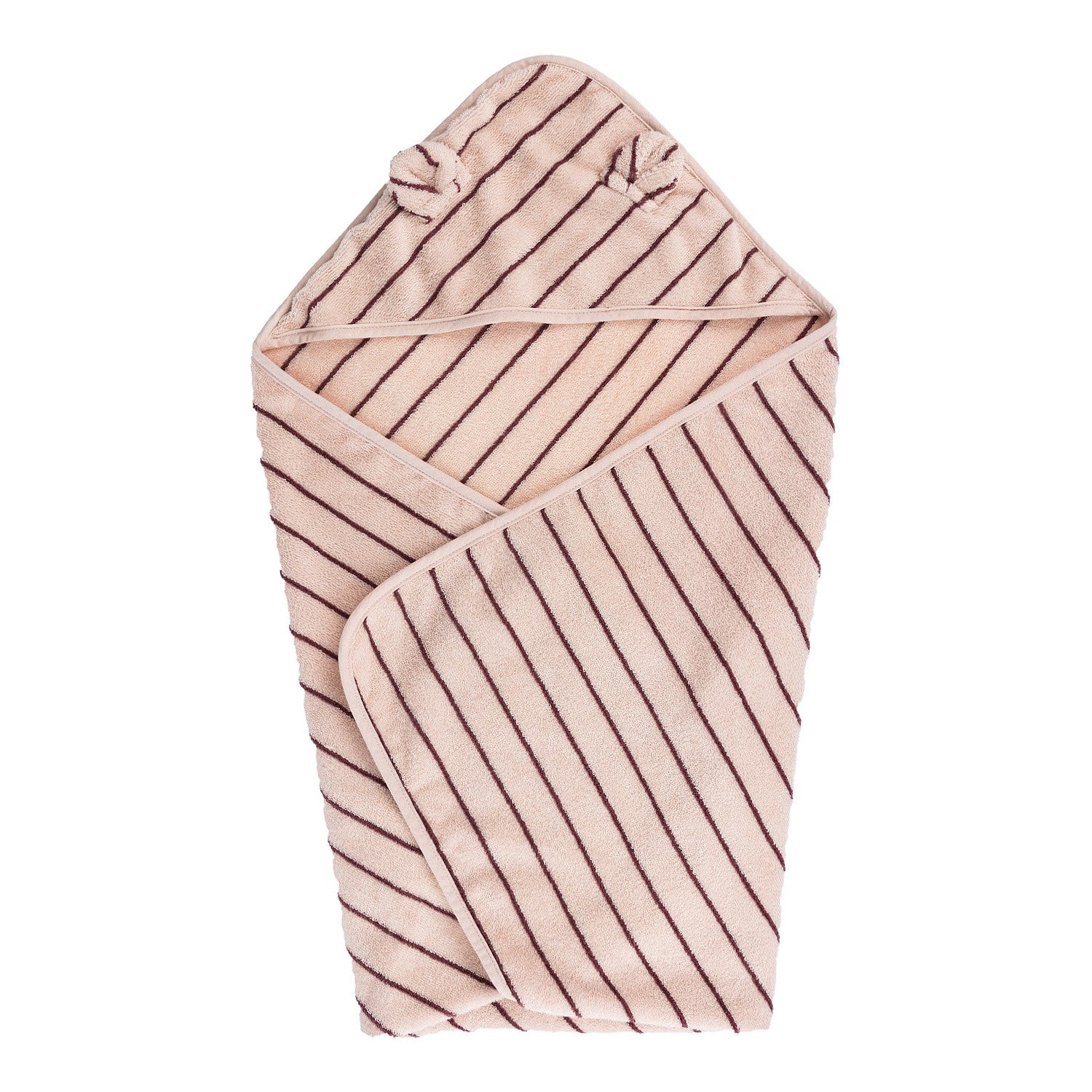 Pink striped baby hooded towel unfolded with bear ears on the hood.