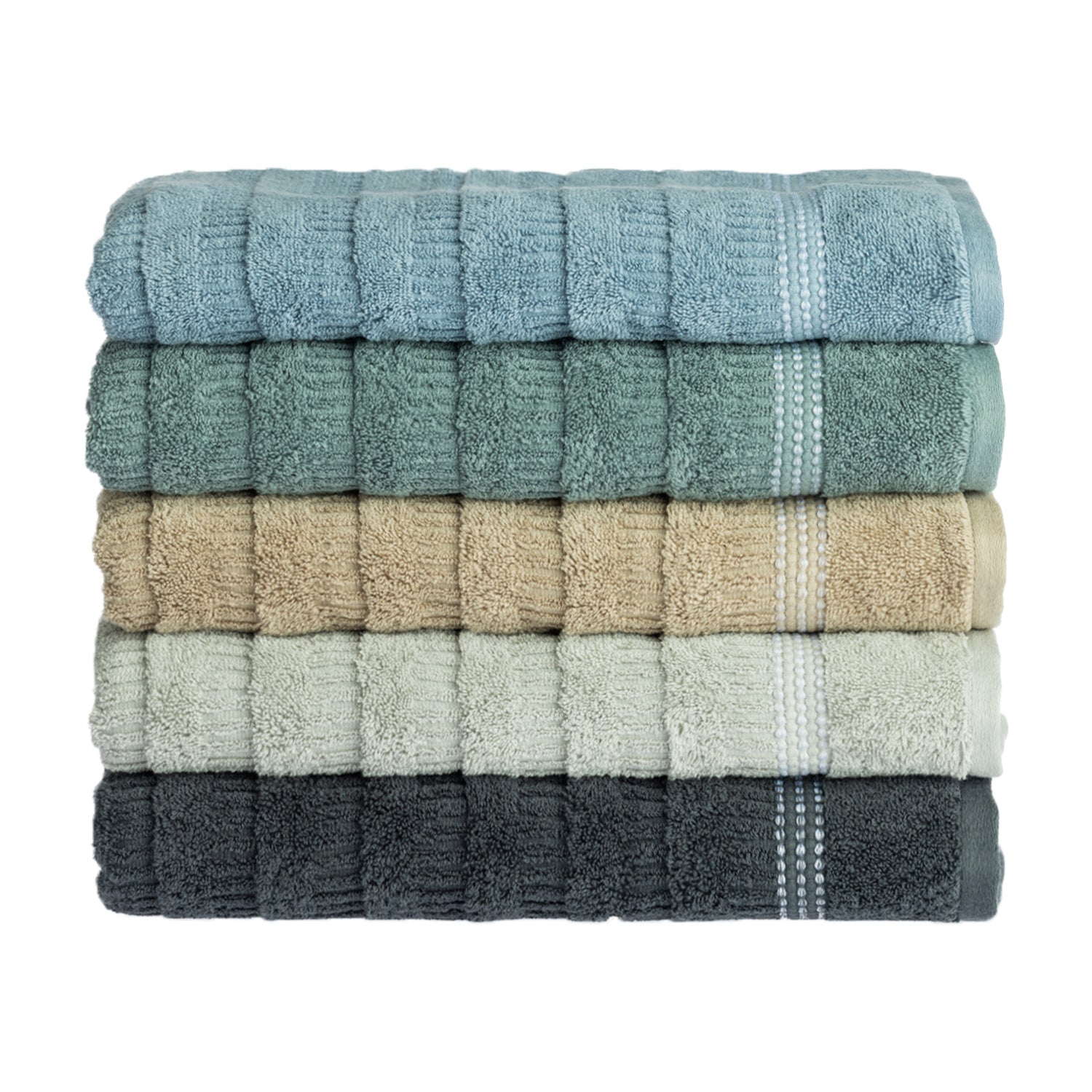 Stack of Home Co. Penny Self Stripe towels in blue, seafoam, natural, pale green and charcoal, showing the textured stripe design and decorative border detail.