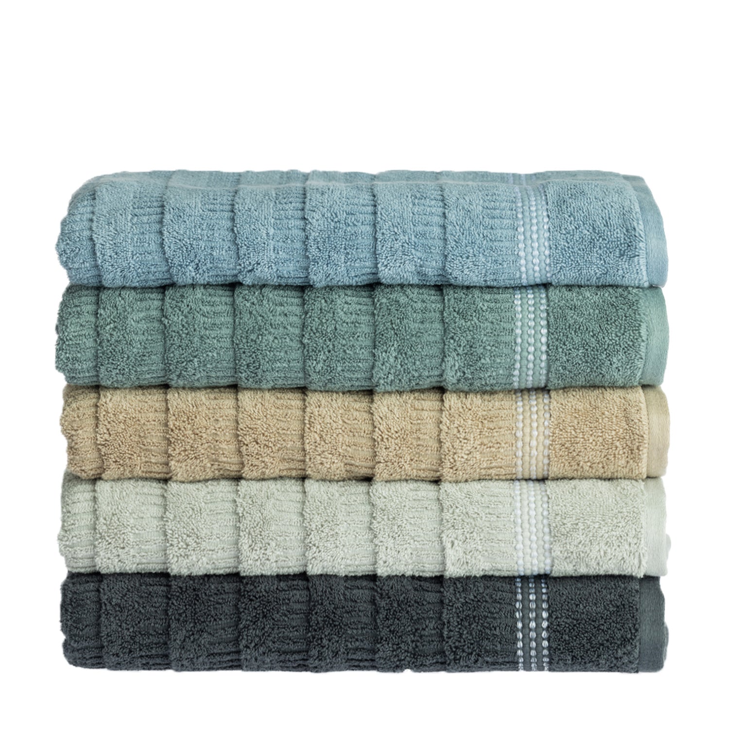Stack of Home Co. Penny Self Stripe towels in blue, seafoam, natural, pale green and charcoal, showing the textured stripe design and decorative border detail.