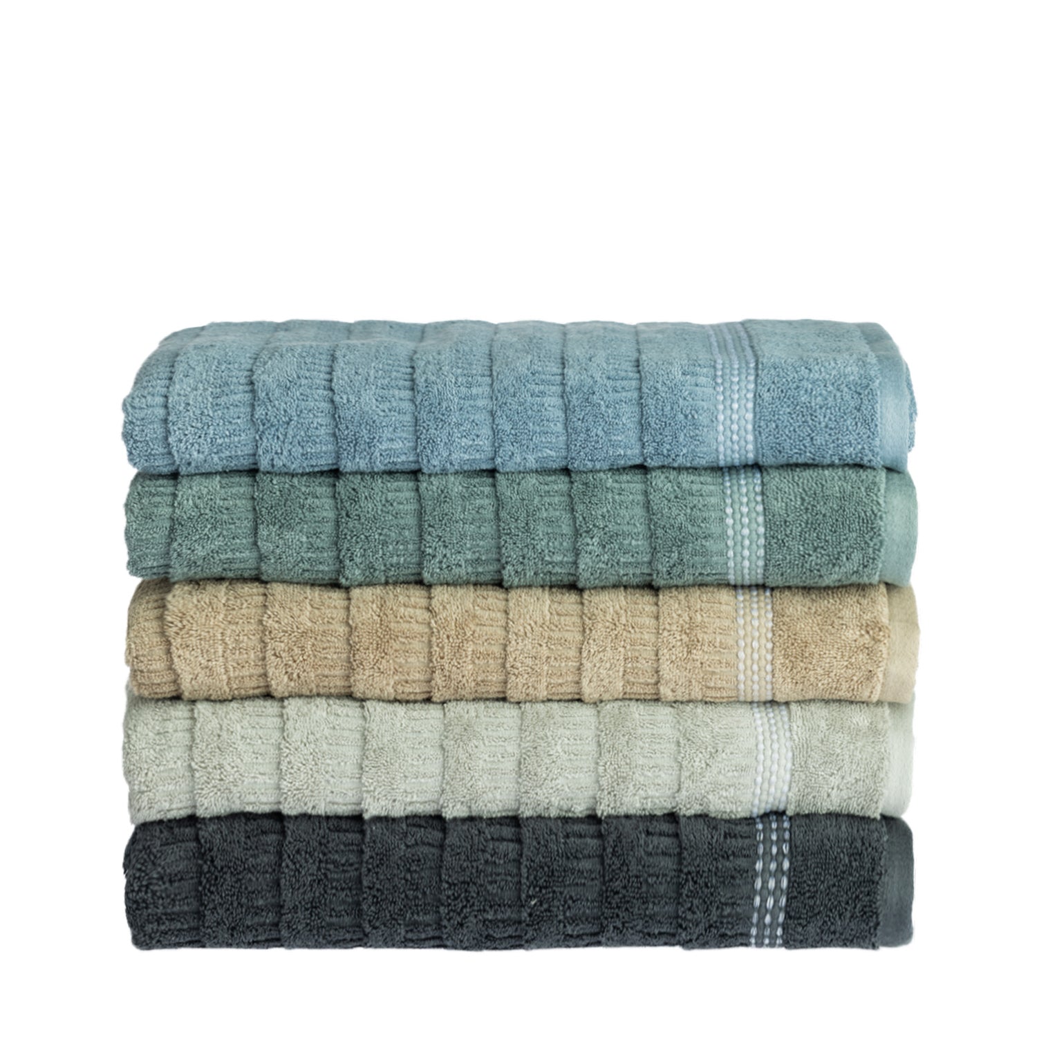 Stack of Home Co. Penny Self Stripe towels in blue, seafoam, natural, pale green and charcoal, showing the textured stripe design and decorative border detail.