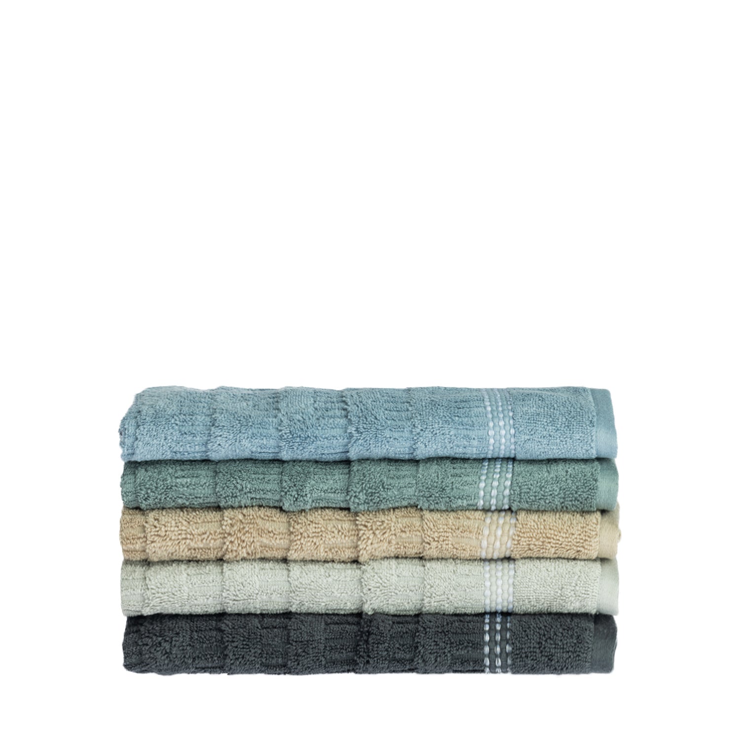 Stack of Home Co. Penny Self Stripe hand towels in blue, seafoam, natural, pale green and charcoal, showing the textured stripe design and decorative border detail.
