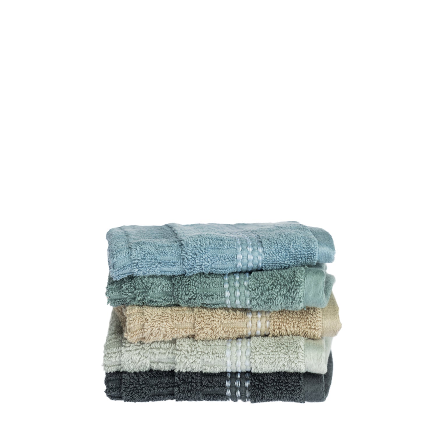 Stack of Home Co. Penny Self Stripe face cloth in blue, seafoam, natural, pale green and charcoal, showing the textured stripe design and decorative border detail.