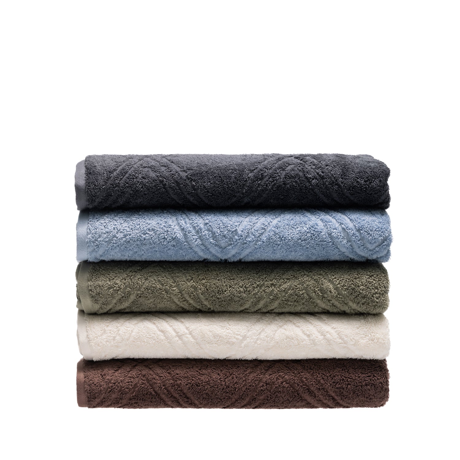 Folded Design Republique Gemma Plush 550gsm bath sheets stacked in charcoal, faded blue, khaki, ivory and coffee.