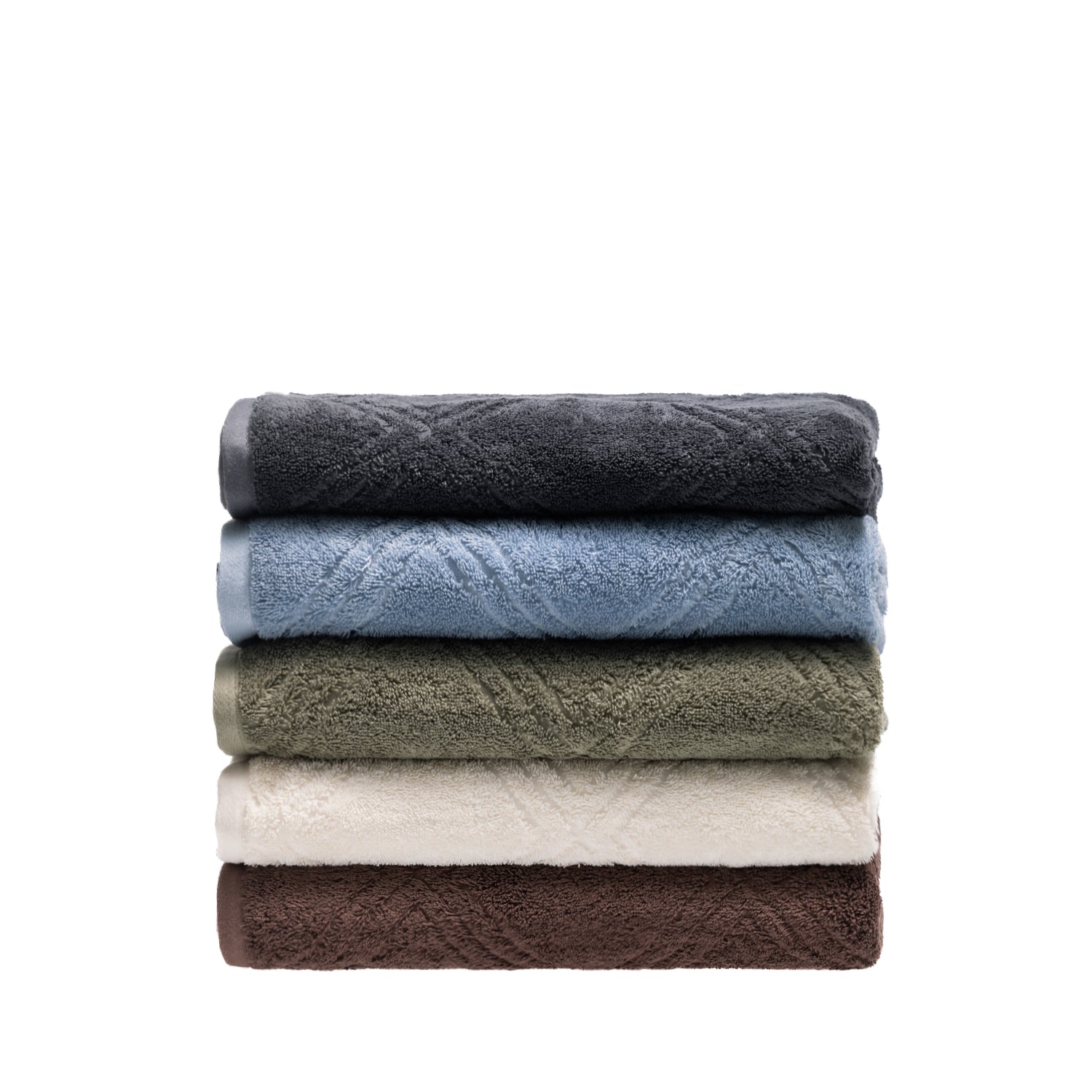 Folded Design Republique Gemma Plush 550gsm bath towels stacked in charcoal, faded blue, khaki, ivory and coffee.