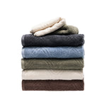 Folded Design Republique Gemma Plush towels stacked in charcoal, faded blue, khaki, ivory and coffee colourways.