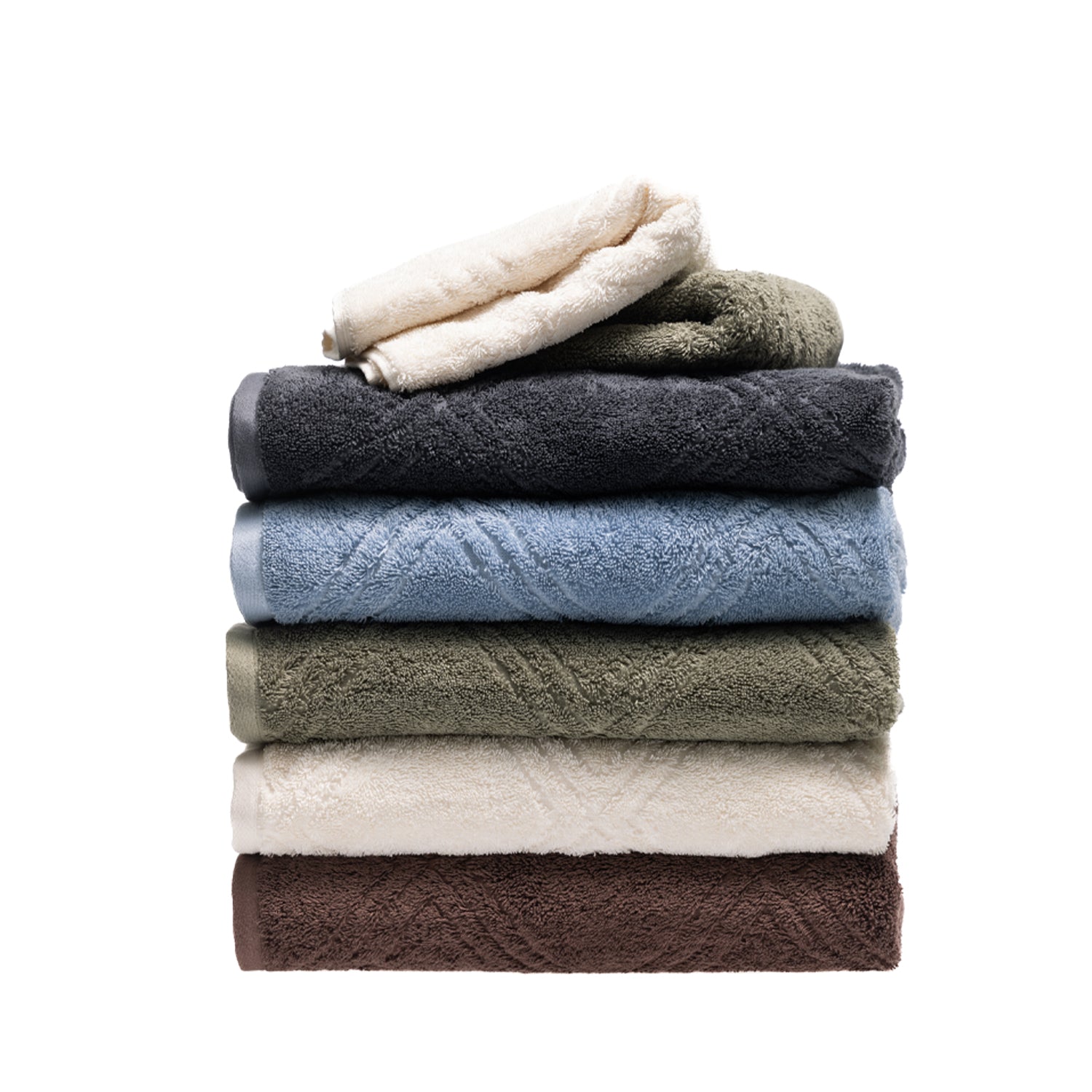 Folded Design Republique Gemma Plush towels stacked in charcoal, faded blue, khaki, ivory and coffee colourways.