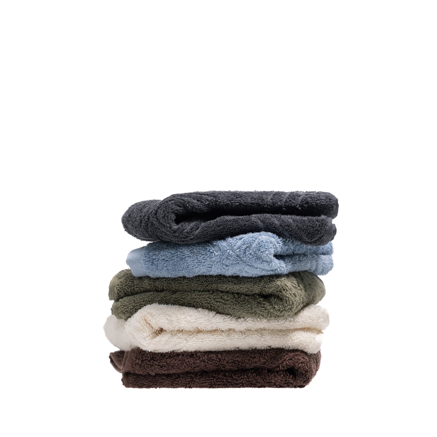 Folded Design Republique Gemma Plush 550gsm hand towels stacked in charcoal, faded blue, khaki, ivory and coffee.
