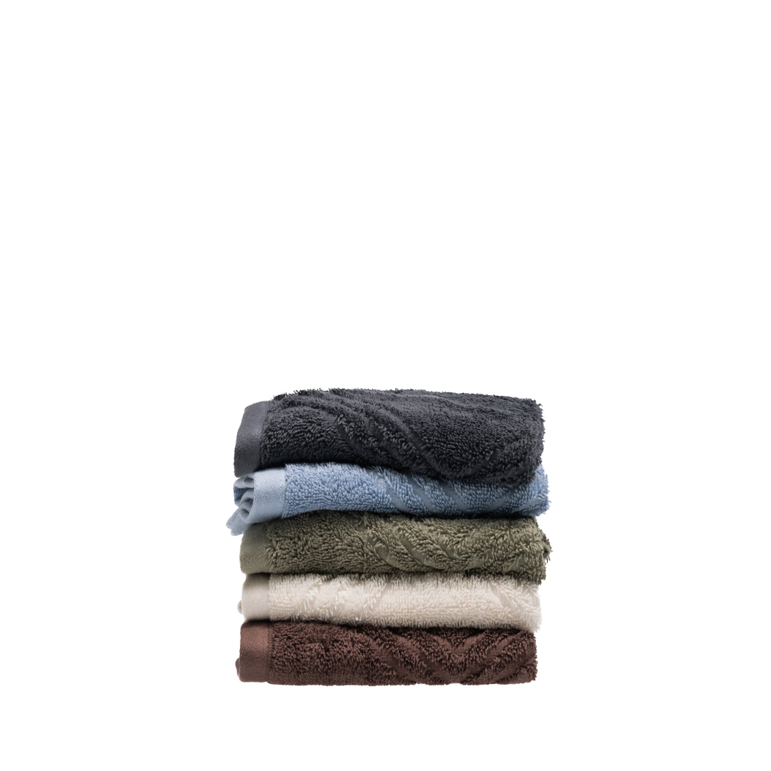 Folded Design Republique Gemma Plush 550gsm face cloths stacked in charcoal, faded blue, khaki, ivory and coffee.