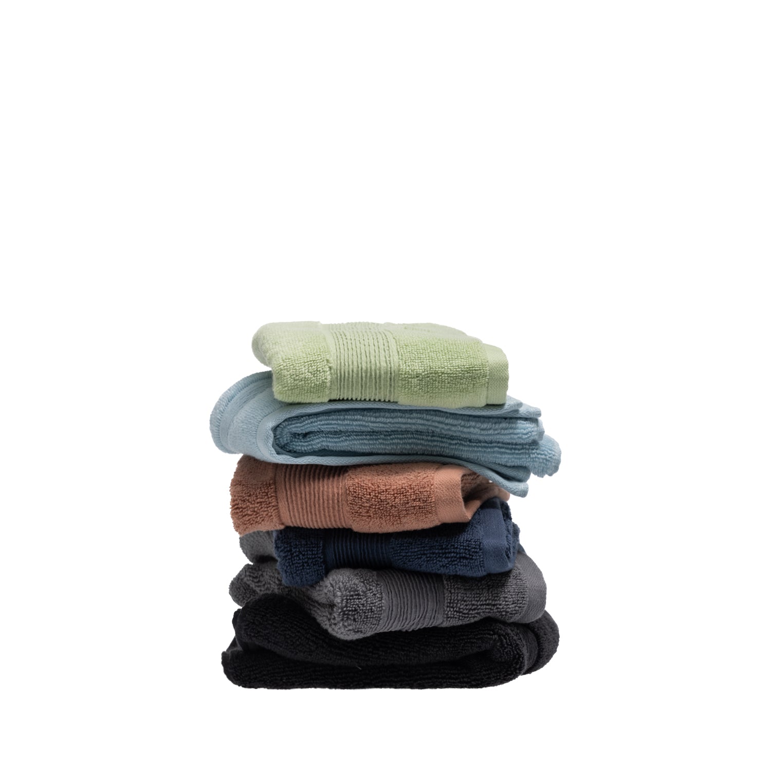 Stack of six Fieldcrest Amelie plush hand towels in French pear, sky blue, brick, navy, smoke and black, featuring soft cotton texture and ribbed border detailing.