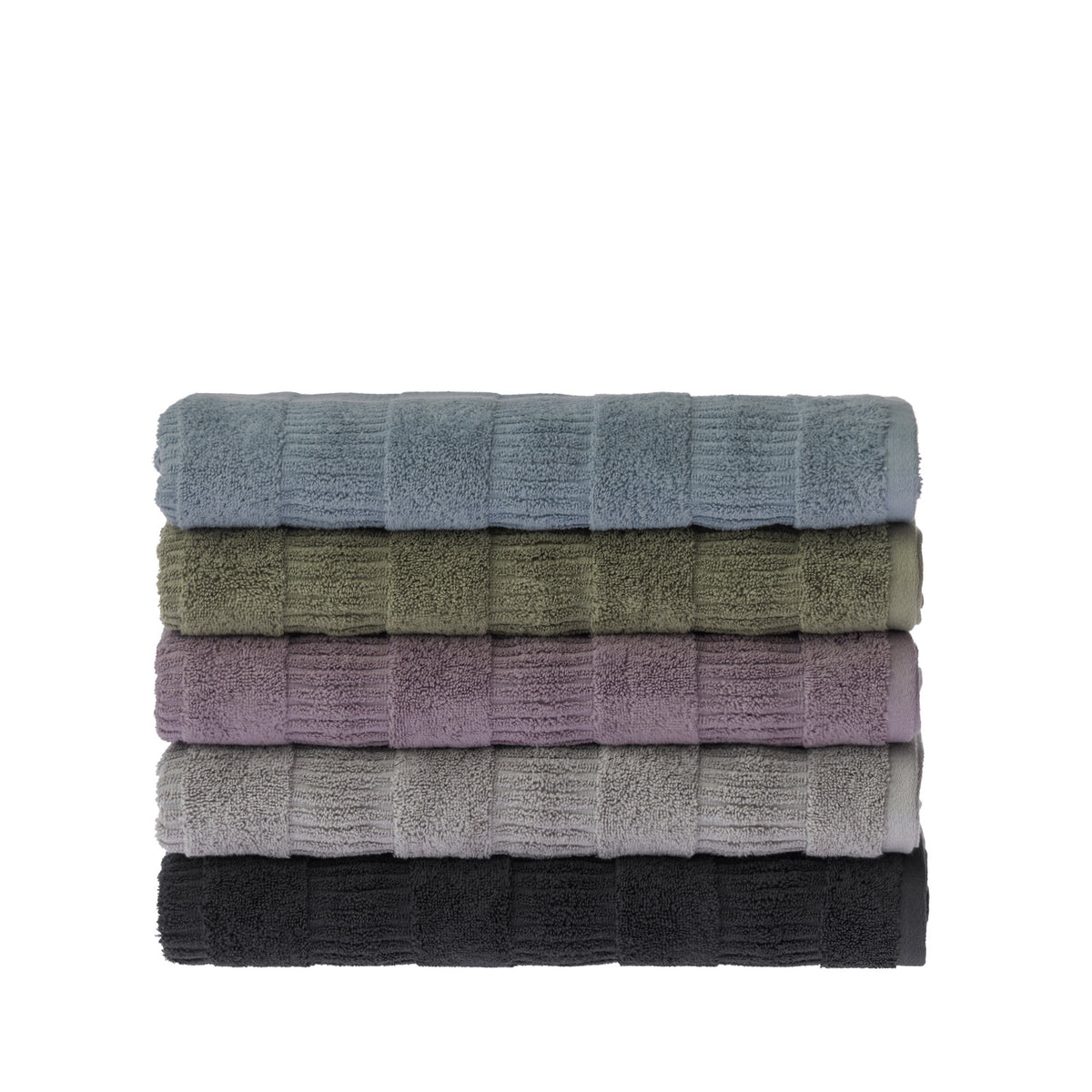 Stack of five folded Design Republique Addison textured bath sheets in faded blue, khaki, grape, silver and charcoal, featuring a contemporary textured stripe design.