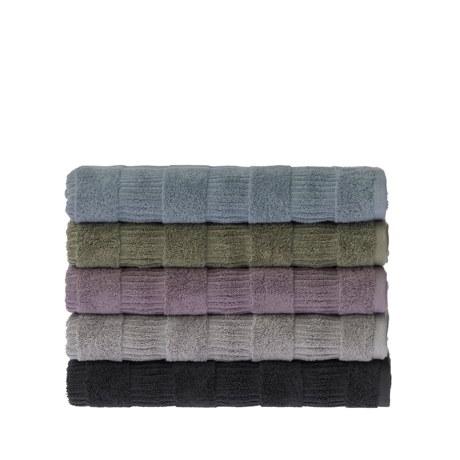 Stack of five folded Design Republique Addison textured bath sheets in faded blue, khaki, grape, silver and charcoal, featuring a contemporary textured stripe design.
