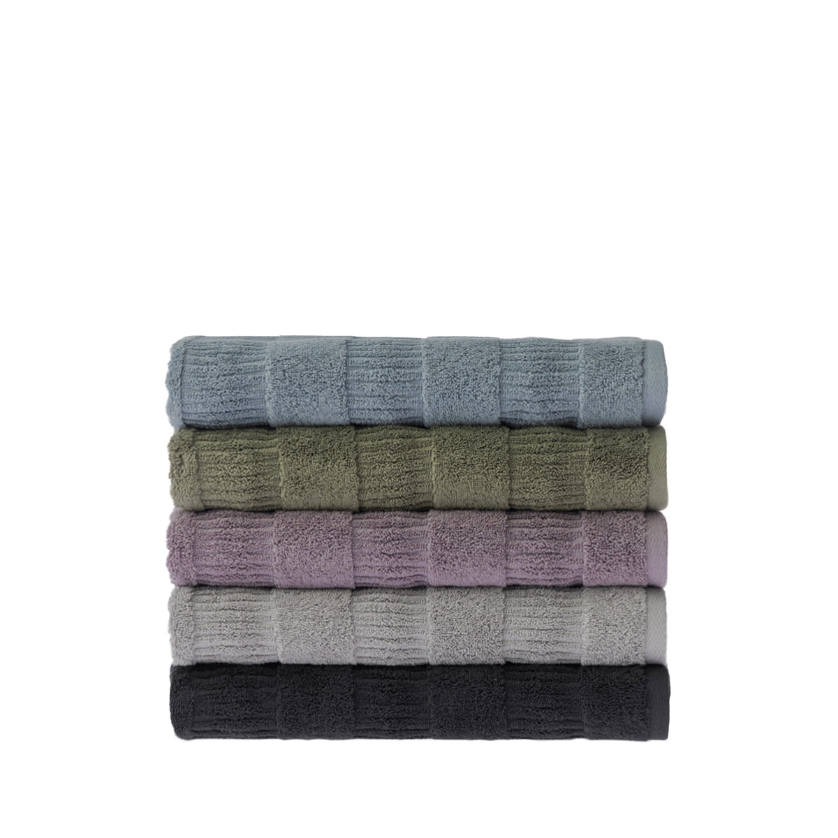 Stack of five folded Design Republique Addison textured bath towels in faded blue, khaki, grape, silver and charcoal, showing the soft cotton texture and striped detailing.