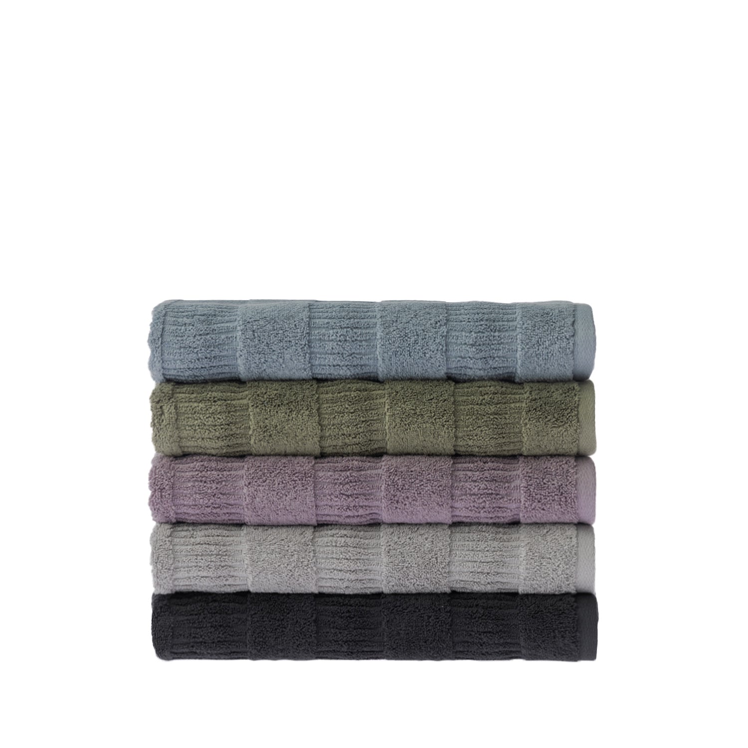 Stack of five folded Design Republique Addison textured bath towels in faded blue, khaki, grape, silver and charcoal, showing the soft cotton texture and striped detailing.