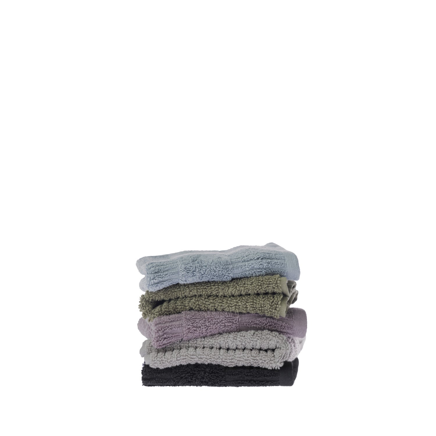 Stack of five folded Design Republique Addison textured face cloths in faded blue, khaki, grape, silver and charcoal, showing the plush cotton texture and coordinating stripe design.