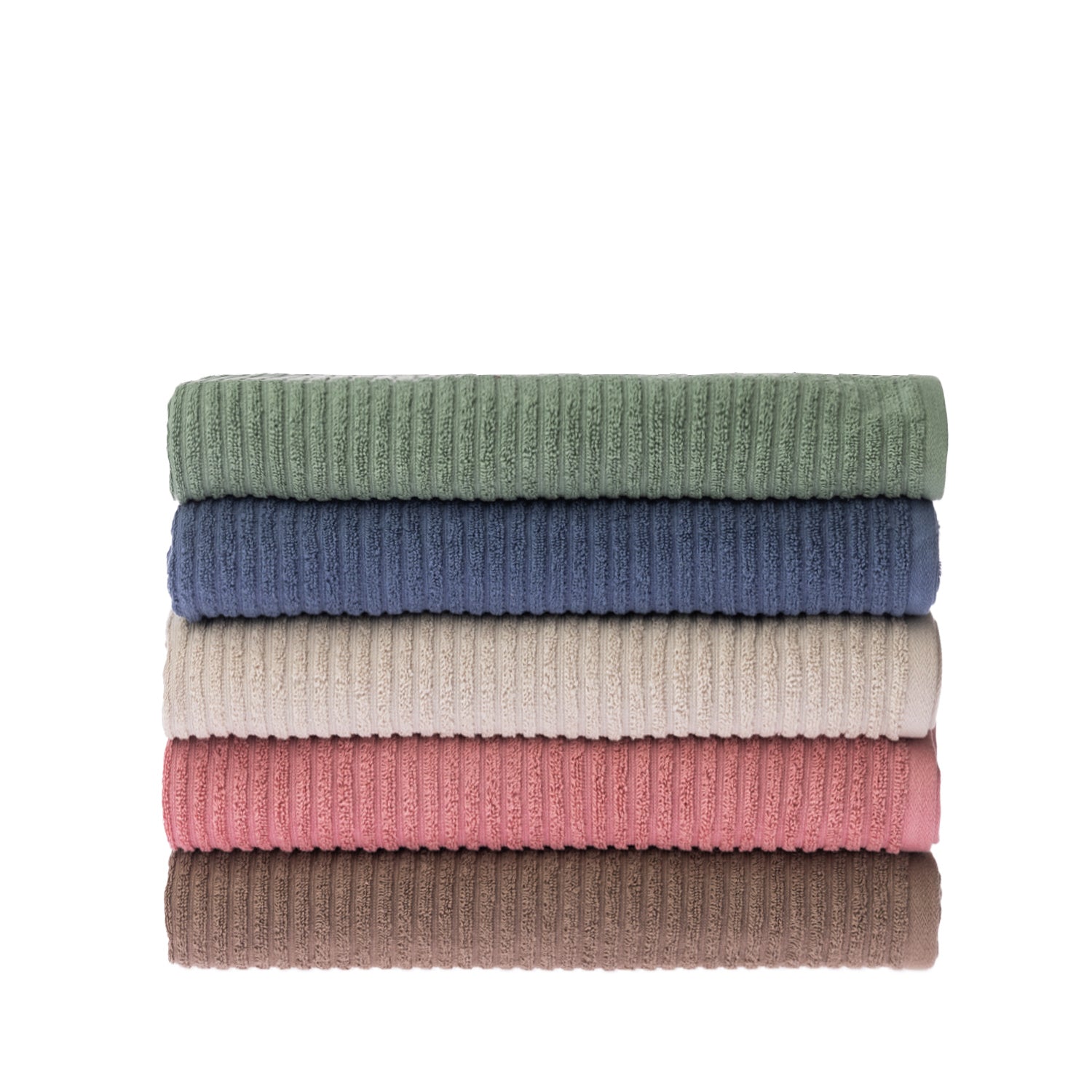 Stack of five folded Home Co. Lara Stripe bath sheets in green, blue, sand, blush and mocha.