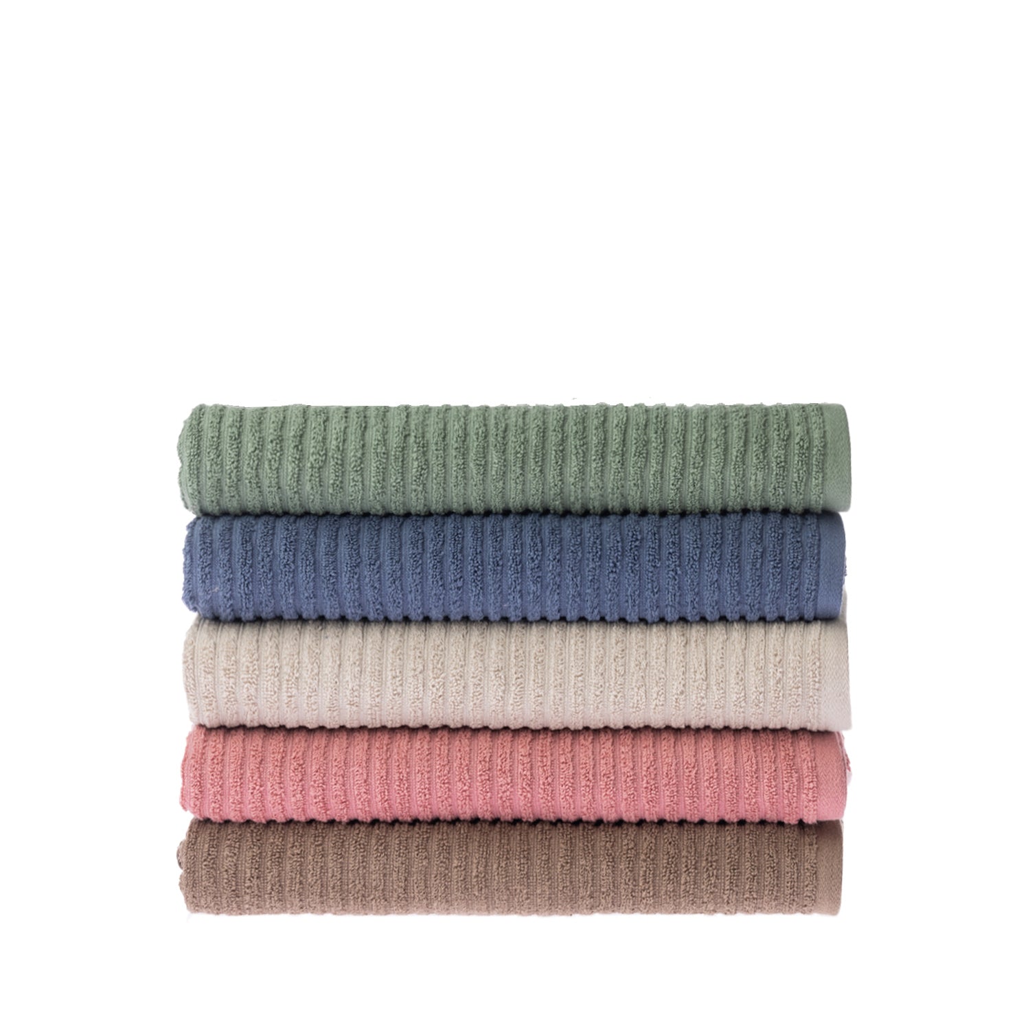 Stack of five folded Home Co. Lara Stripe bath towels in green, blue, sand, blush and mocha.