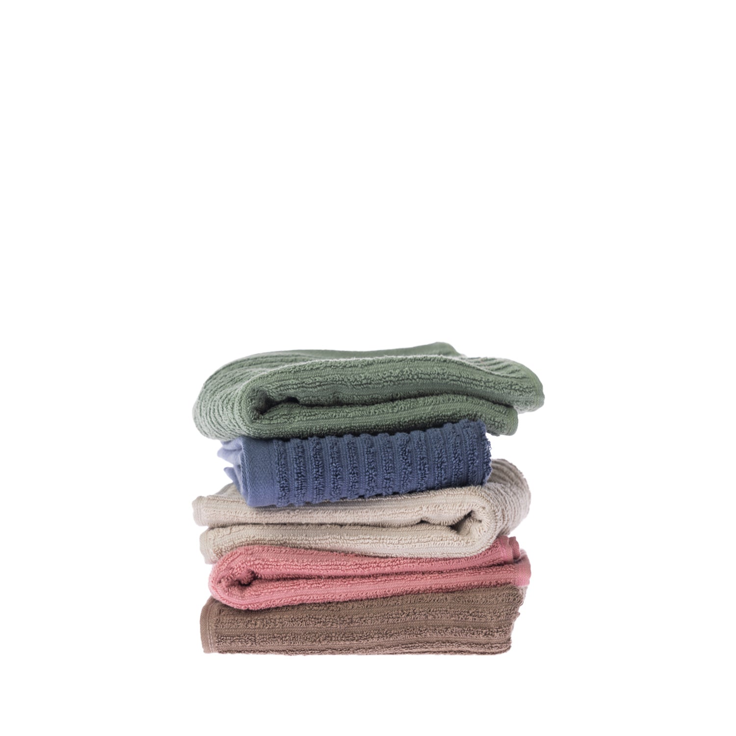 Stack of five folded Home Co. Lara Stripe hand towels in green, blue, sand, blush and mocha.