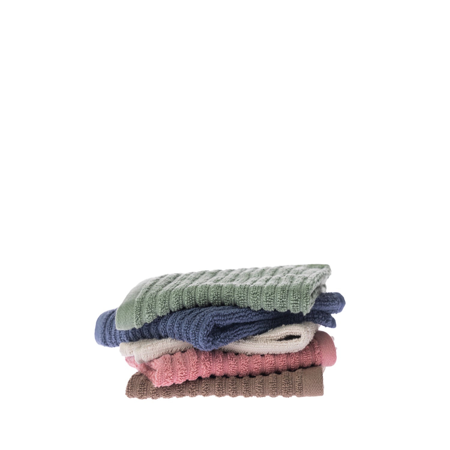 Stack of five folded Home Co. Lara Stripe face cloths in green, blue, sand, blush and mocha.
