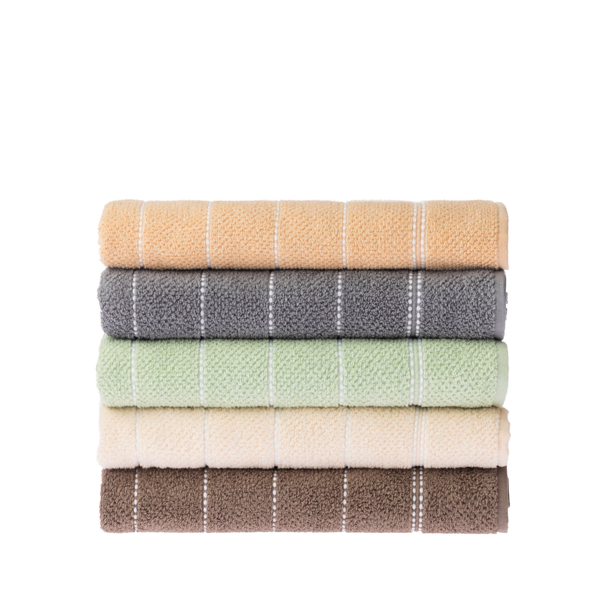 Home Co. Sara Stitch Bath Sheets stacked in peach, charcoal, sage green, cream and mocha, featuring a soft textured finish and white stitched stripe detailing.
