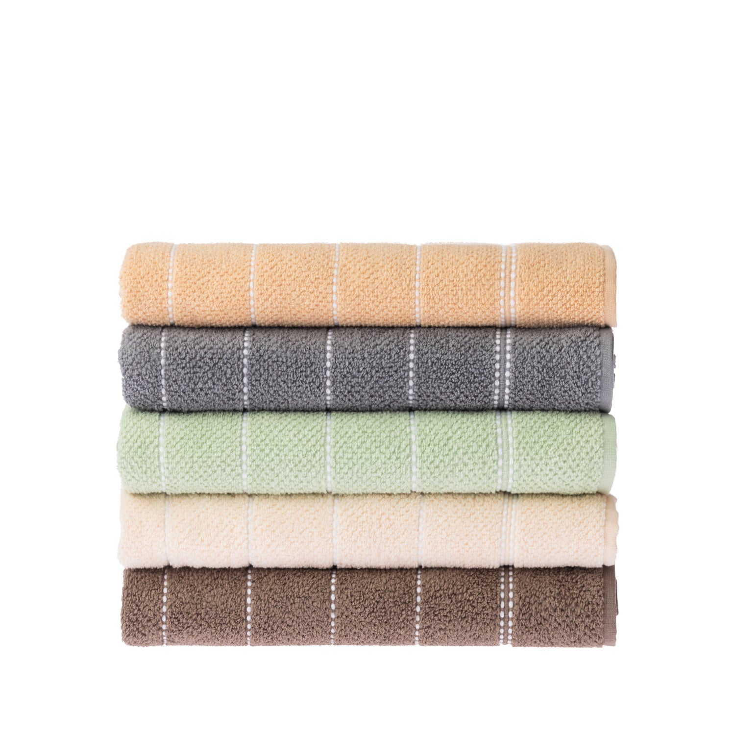 Home Co. Sara Stitch Bath Sheets stacked in peach, charcoal, sage green, cream and mocha, featuring a soft textured finish and white stitched stripe detailing.