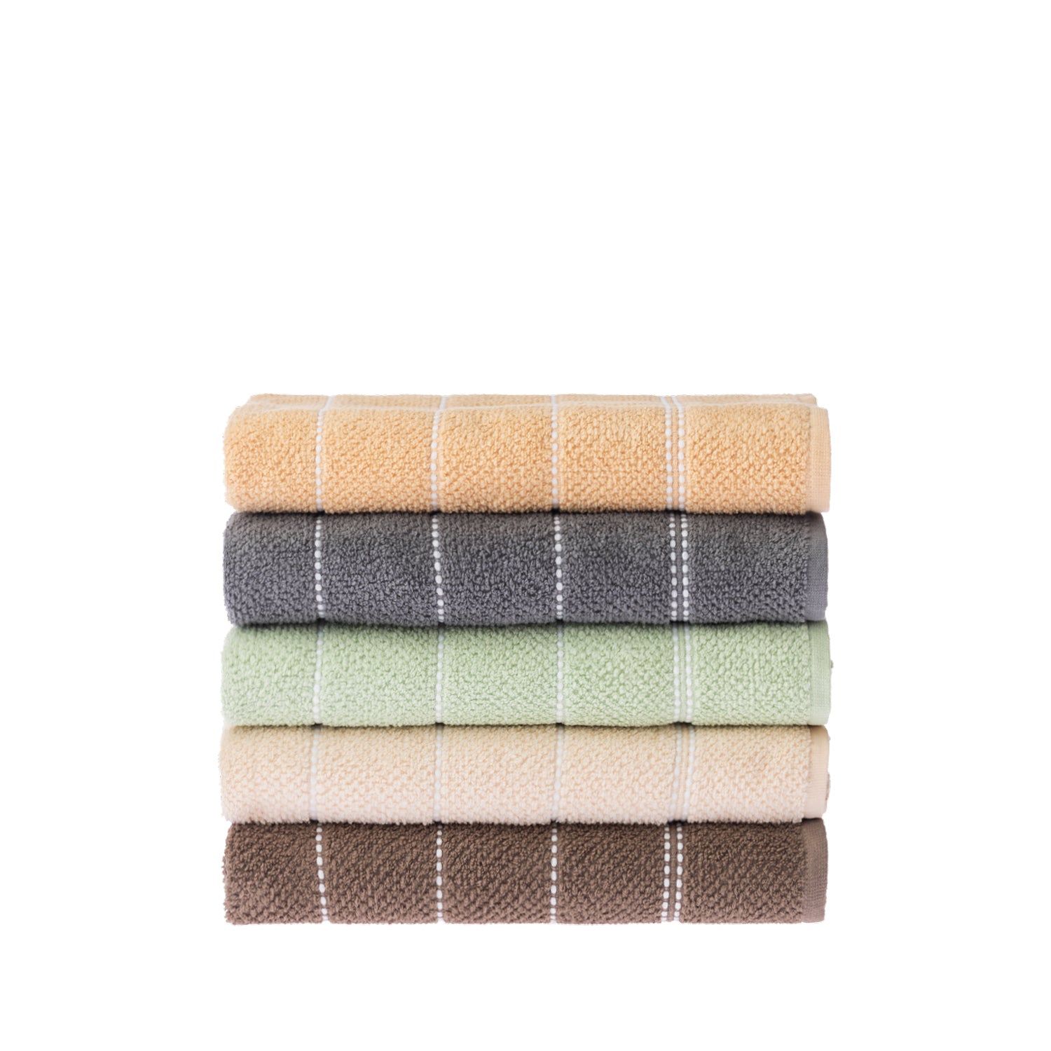 Home Co. Sara Stitch Bath Towels stacked in peach, charcoal, sage green, cream and mocha with coordinating white stitched stripe detailing.