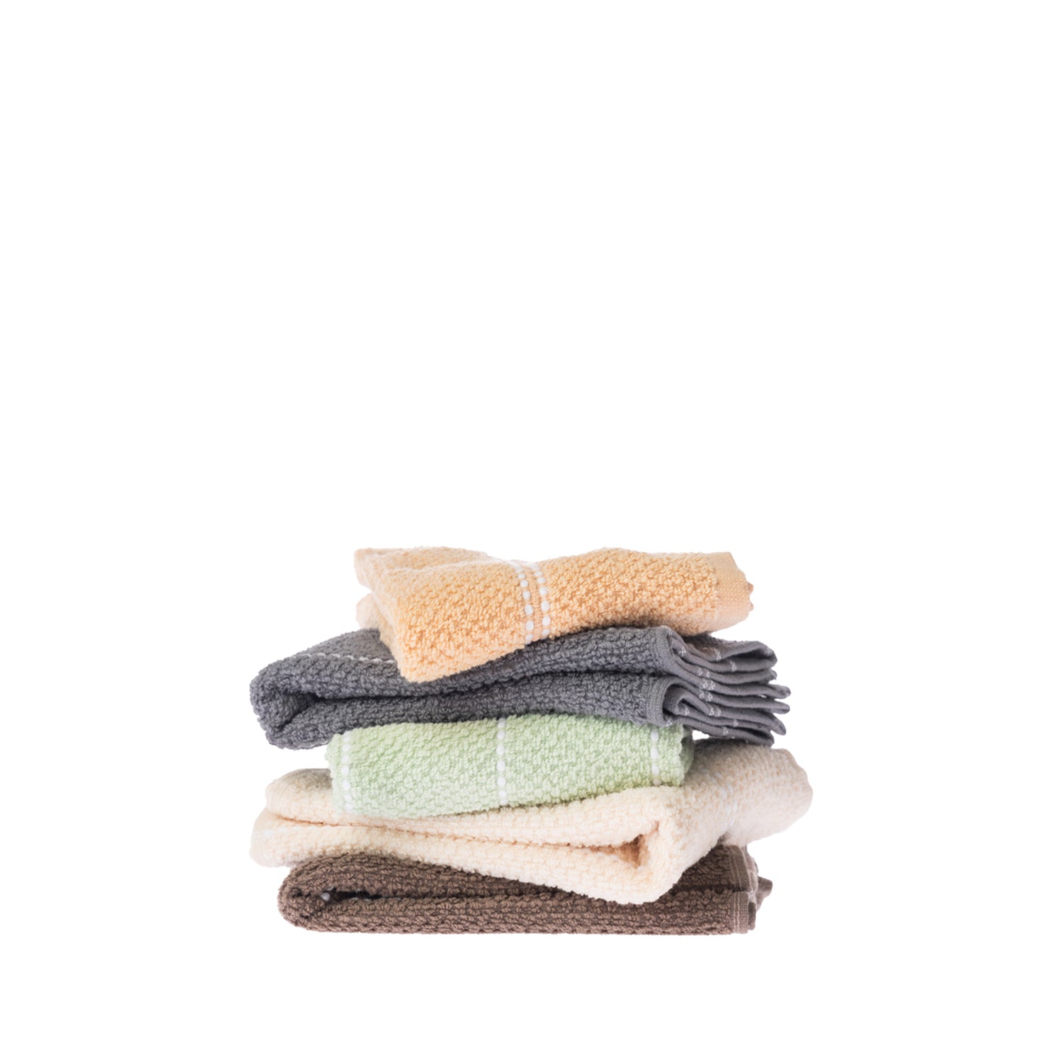 Home Co. Sara Stitch Hand Towels loosely stacked in peach, charcoal, sage green, cream and mocha, showing the plush textured finish and stitched stripe design.