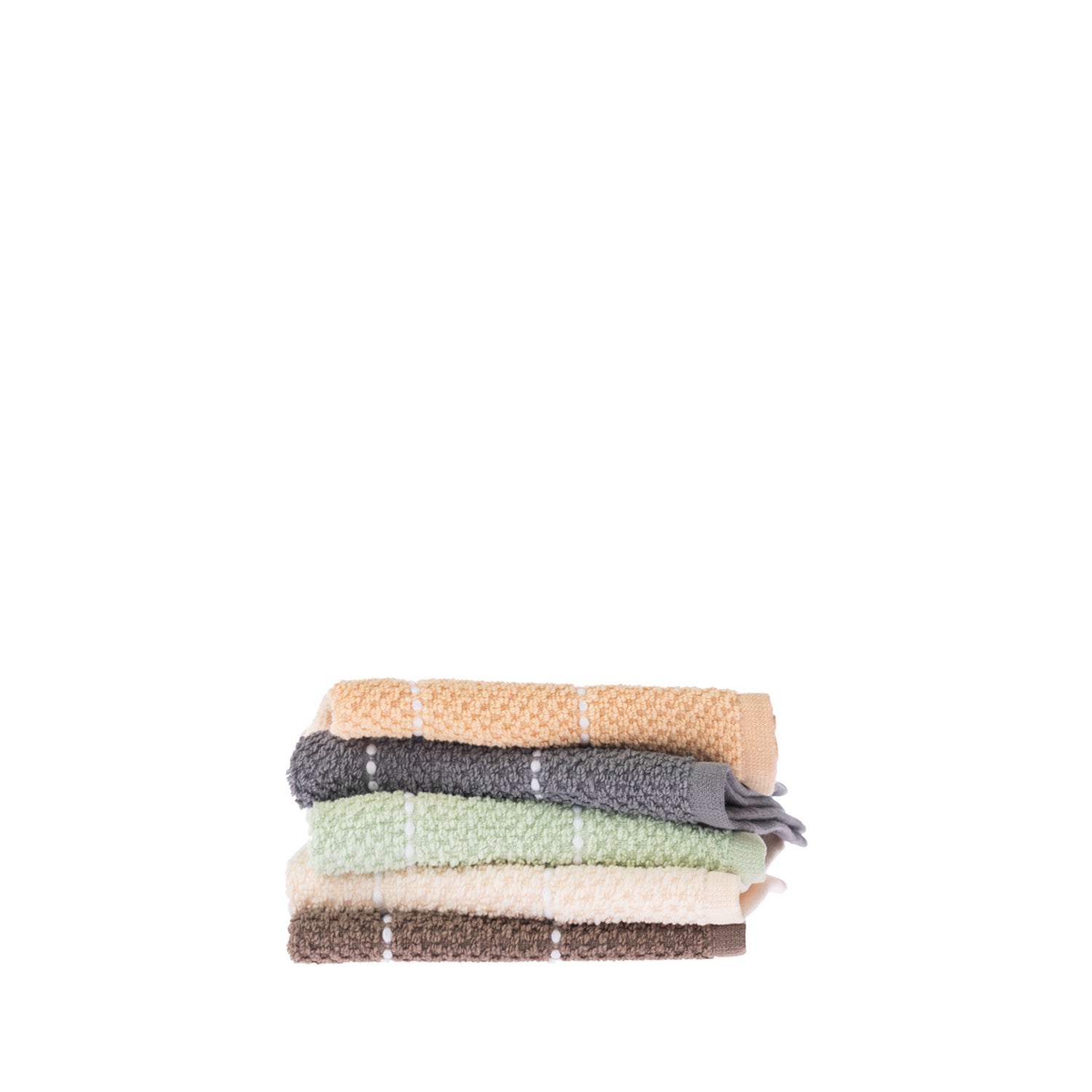 Home Co. Sara Stitch Face Cloths stacked in peach, charcoal, sage green, cream and mocha with white stitched stripe detailing.