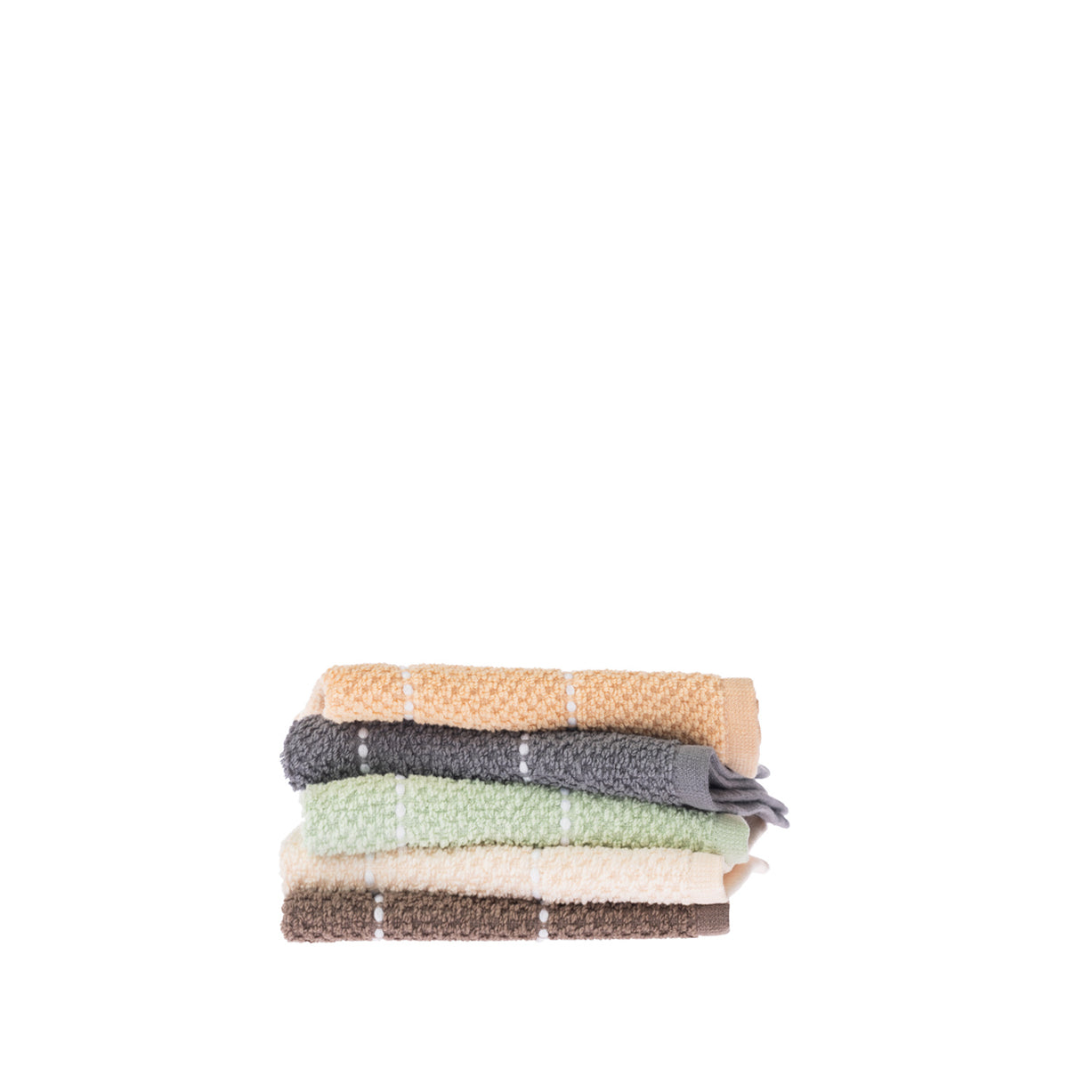 Home Co. Sara Stitch Face Cloths stacked in peach, charcoal, sage green, cream and mocha with white stitched stripe detailing.