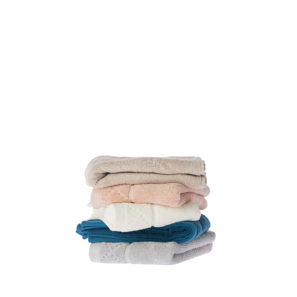 Stack of Gracious Living Marilyn hand towels in beige, peach, white, teal and silver, folded to show their plush texture and decorative detailing.