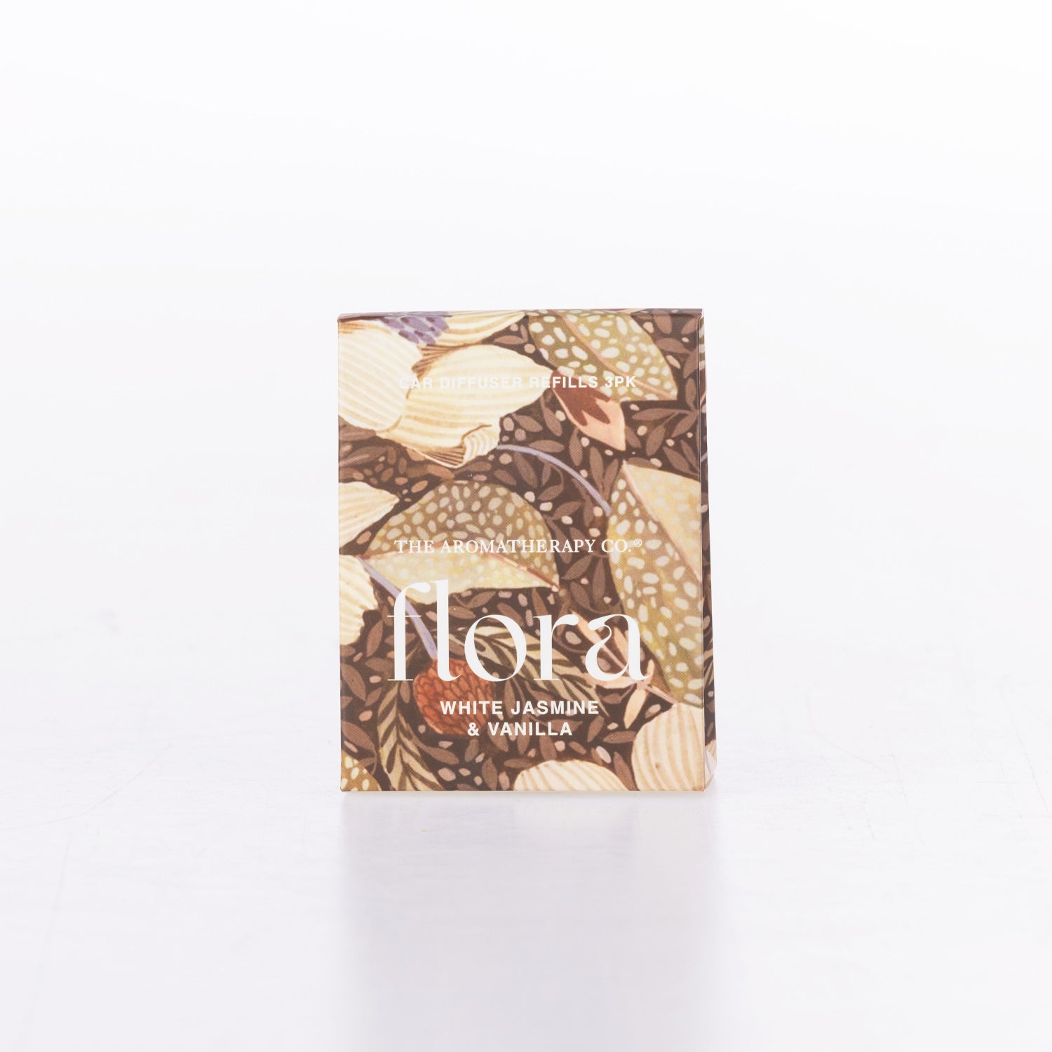 The Aromatherapy Co. Flora car diffuser refills in White Jasmine & Vanilla floral packaging.