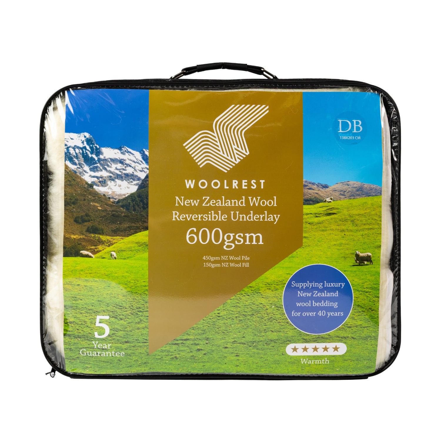Woolrest New Zealand Wool Reversible Underlay 600gsm in clear storage bag with handle.