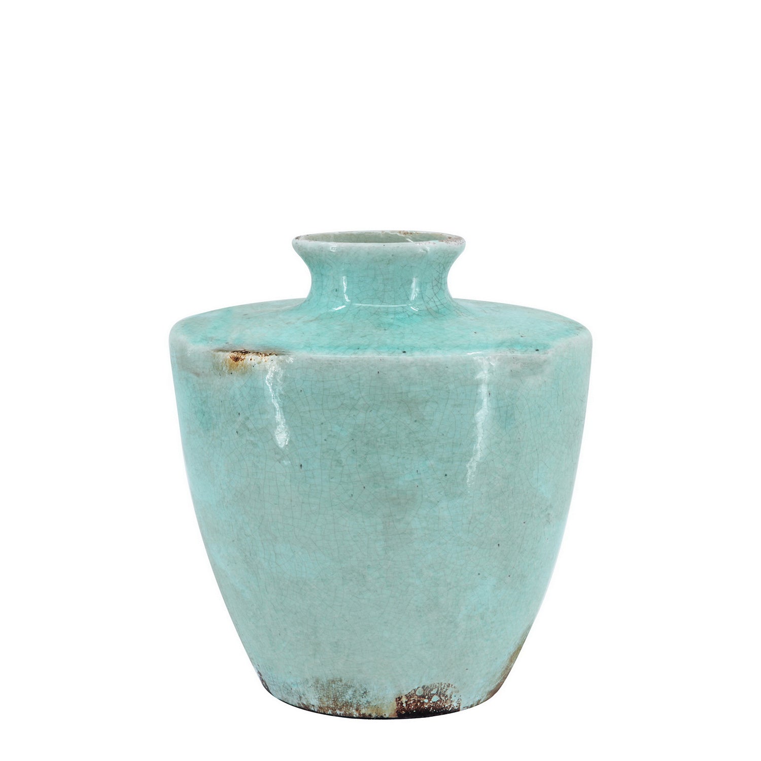 Gracious Living Candia Terracotta Vase featuring a seafoam blue crackle glaze with rustic distressed detailing.