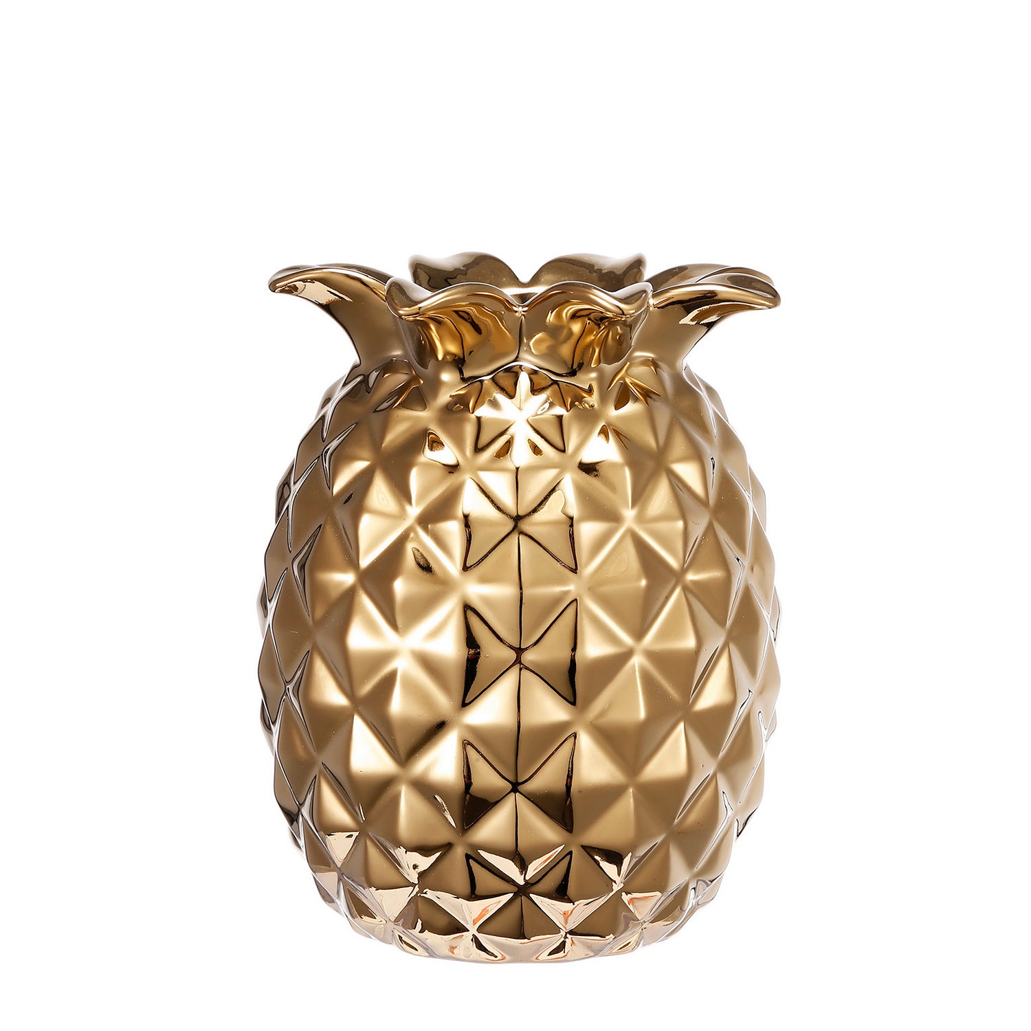 Design Republique Pippa Pineapple Vase featuring a gold pineapple-shaped body with a textured geometric finish and open top.
